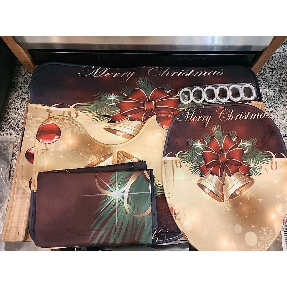 NEW Christmas Shower Curtain Set NonSlip Rug Bathroom Toilet Lid‎ Cover Bath Mat